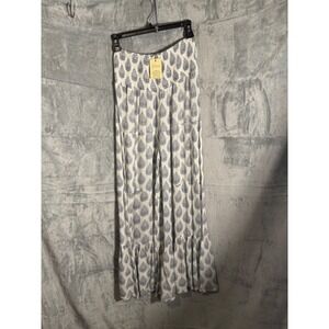 Elan Off White Navy Leaf Print Wide Leg Ruffle Pants Boho Vacation M NEW